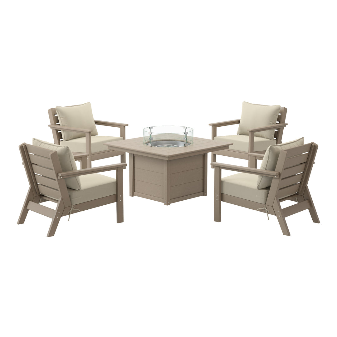 Avalon 5-Piece HDPE Patio Conversation Set with Cushions &amp; Square 42" Fire Pit Table