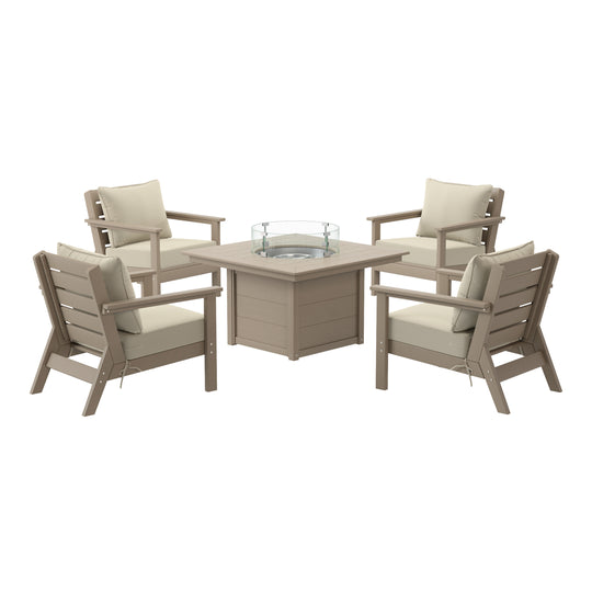 Avalon 5-Piece HDPE Patio Conversation Set with Cushions &amp; Square 42" Fire Pit Table