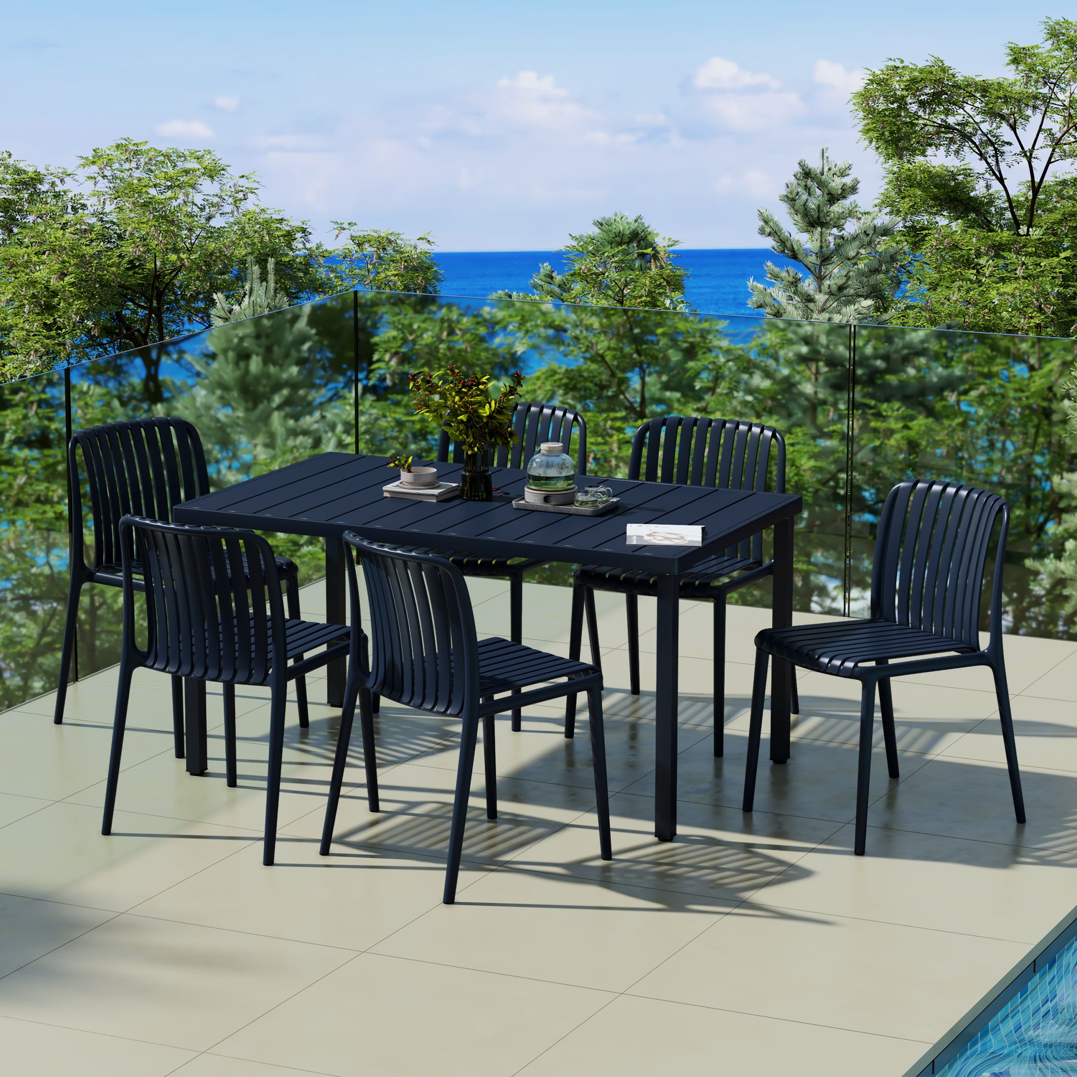 Playa 7-Piece Outdoor Patio Dining Table Set With Stackable Patio Chairs