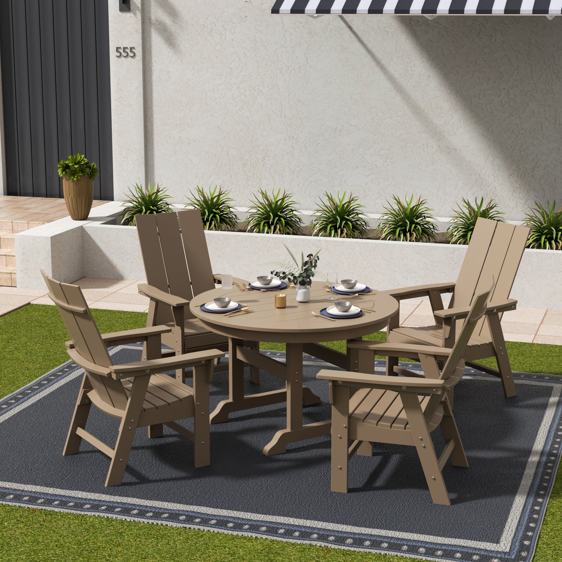 Ashore 5 Piece Outdoor Patio Dining Round Table and Modern Armchair Set