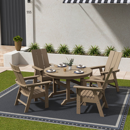 Ashore 5 Piece Outdoor Patio Round Dining Table and Modern Armchair Set