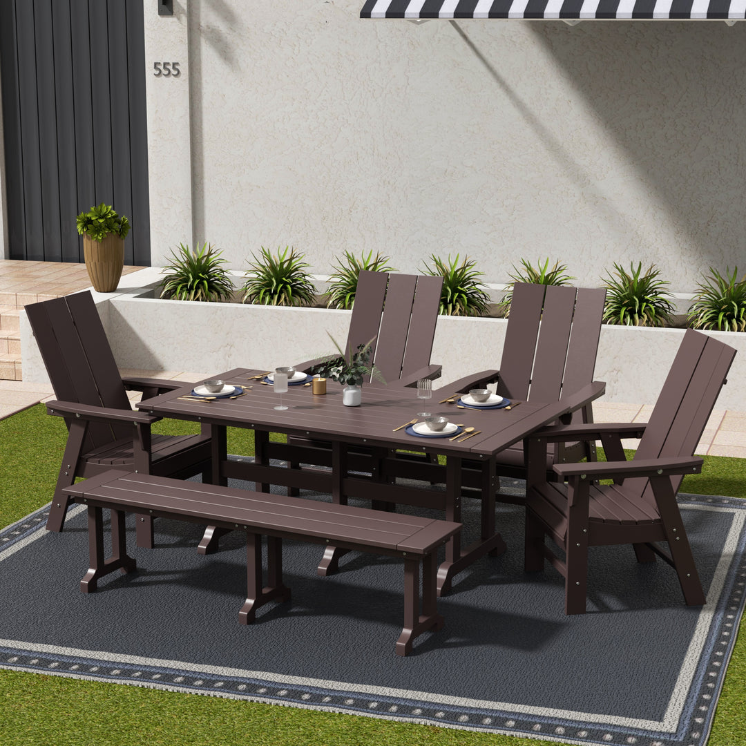 Ashore 6 Piece Outdoor Patio Rectangle Dining Table and Dining Bench Modern Armchair Set