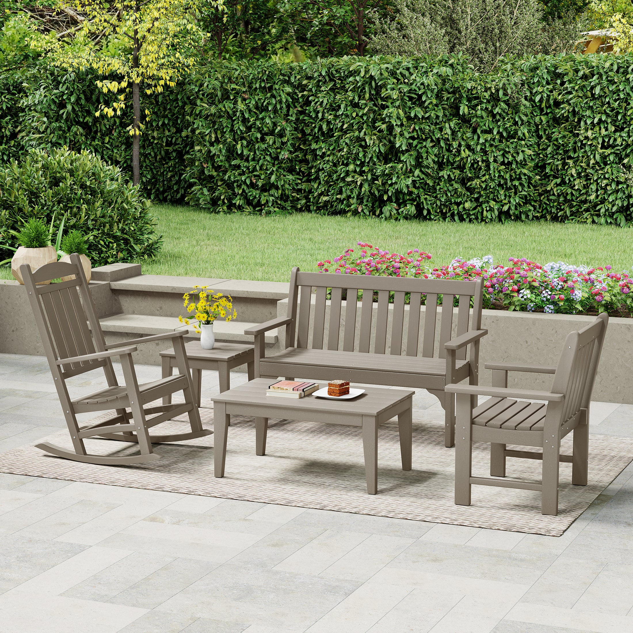 Malibu 5-Piece HDPE Outdoor Patio Furniture Couch and Rocking Chair Set
