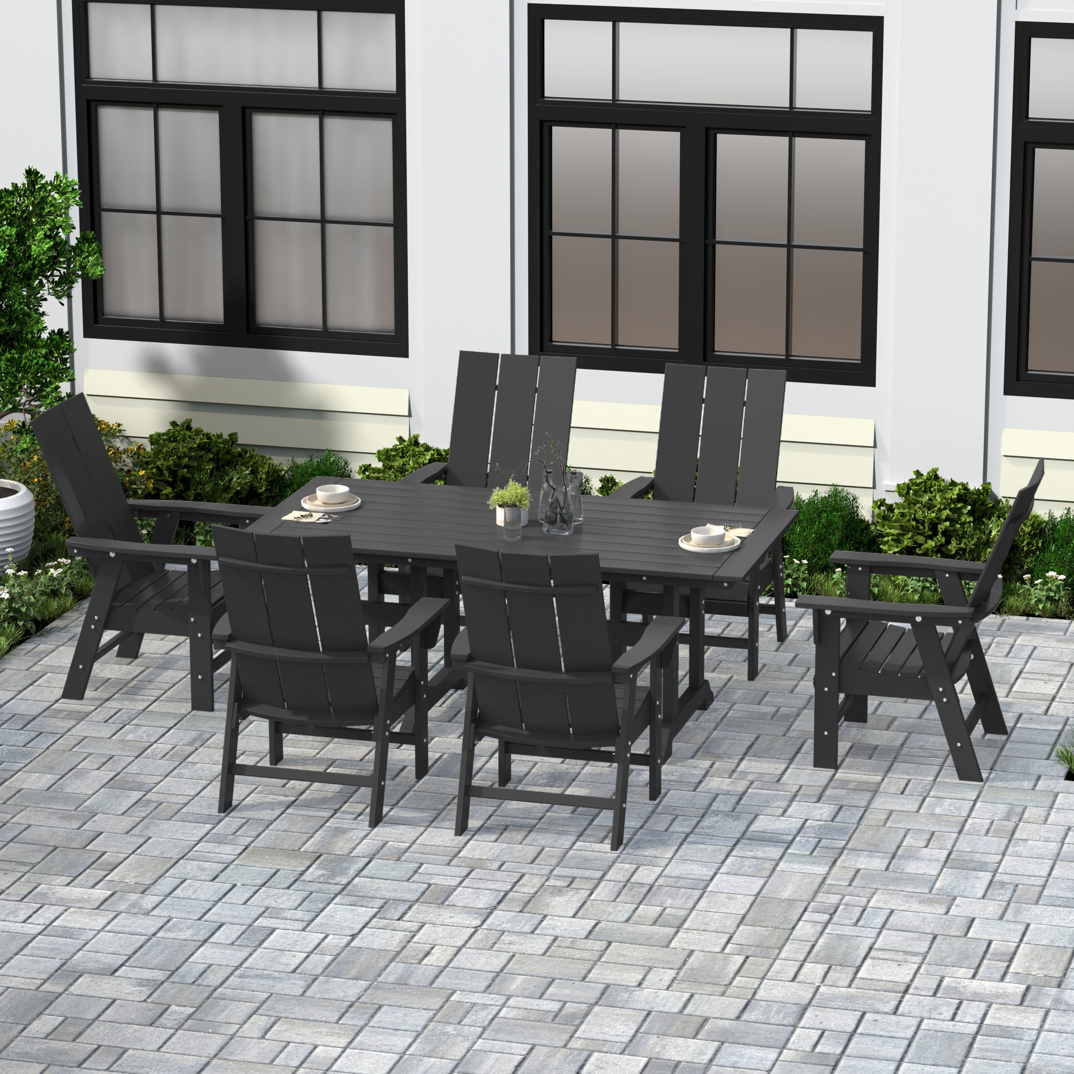 Ashore 7 Piece Outdoor Patio Dining Table and Modern Adirondack Armchair Set