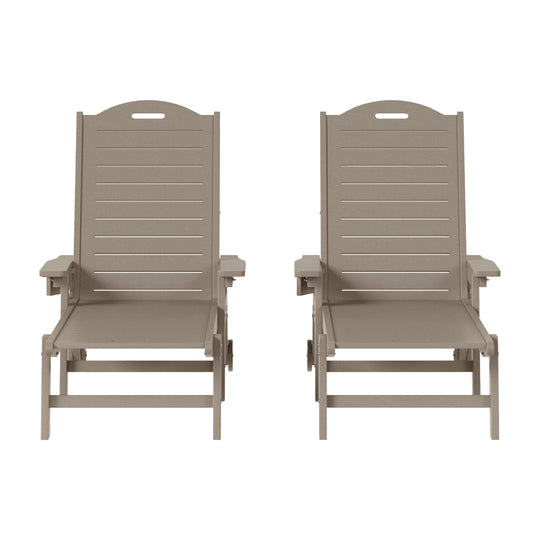 Aruba Outdoor HDPE Patio Chaise Lounges With Wheels & Cup Holder (Set of 2)