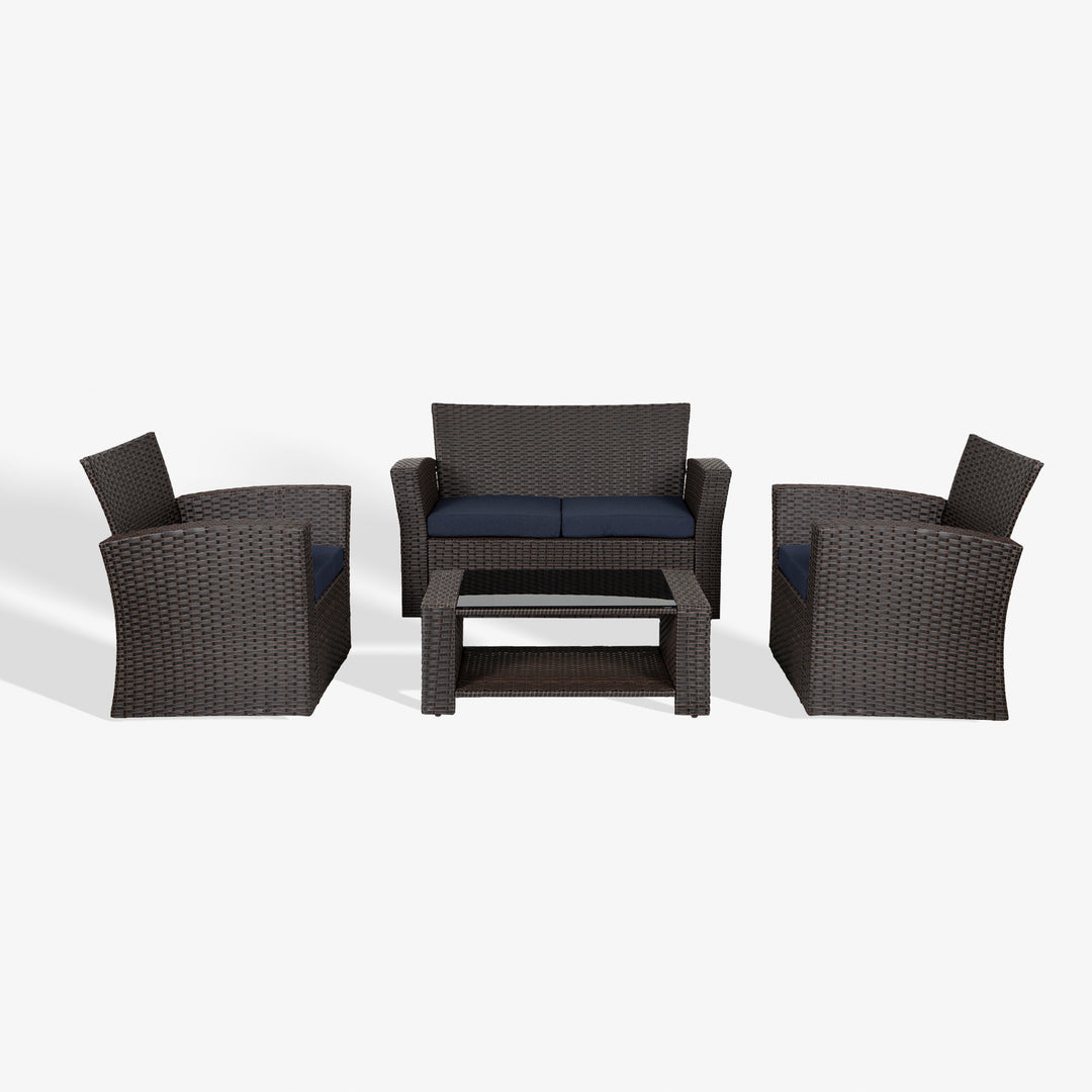 Coastal 4-Piece set Chocolate color base Outdoor / Patio Wicker Rattan Conversation Sofa set with cushions and a Coffee table ( 4 seater )