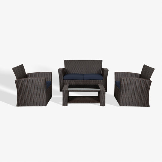 Coastal 4-Piece set Chocolate color base Outdoor / Patio Wicker Rattan Conversation Sofa set with cushions and a Coffee table ( 4 seater )