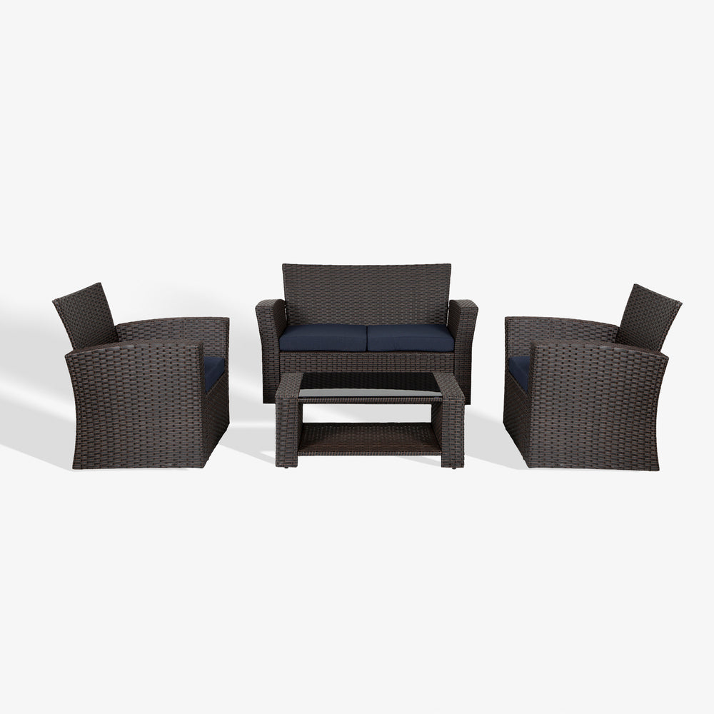 Coastal 4-Piece set Chocolate color base Outdoor / Patio Wicker Rattan Conversation Sofa set with cushions and a Coffee table ( 4 seater )