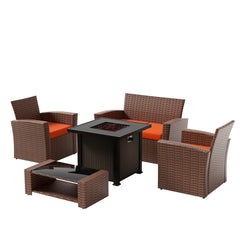 Coastal 4-Piece Conversation Outdoor Patio Sofa Set with Square Fire Pit Table, Brown