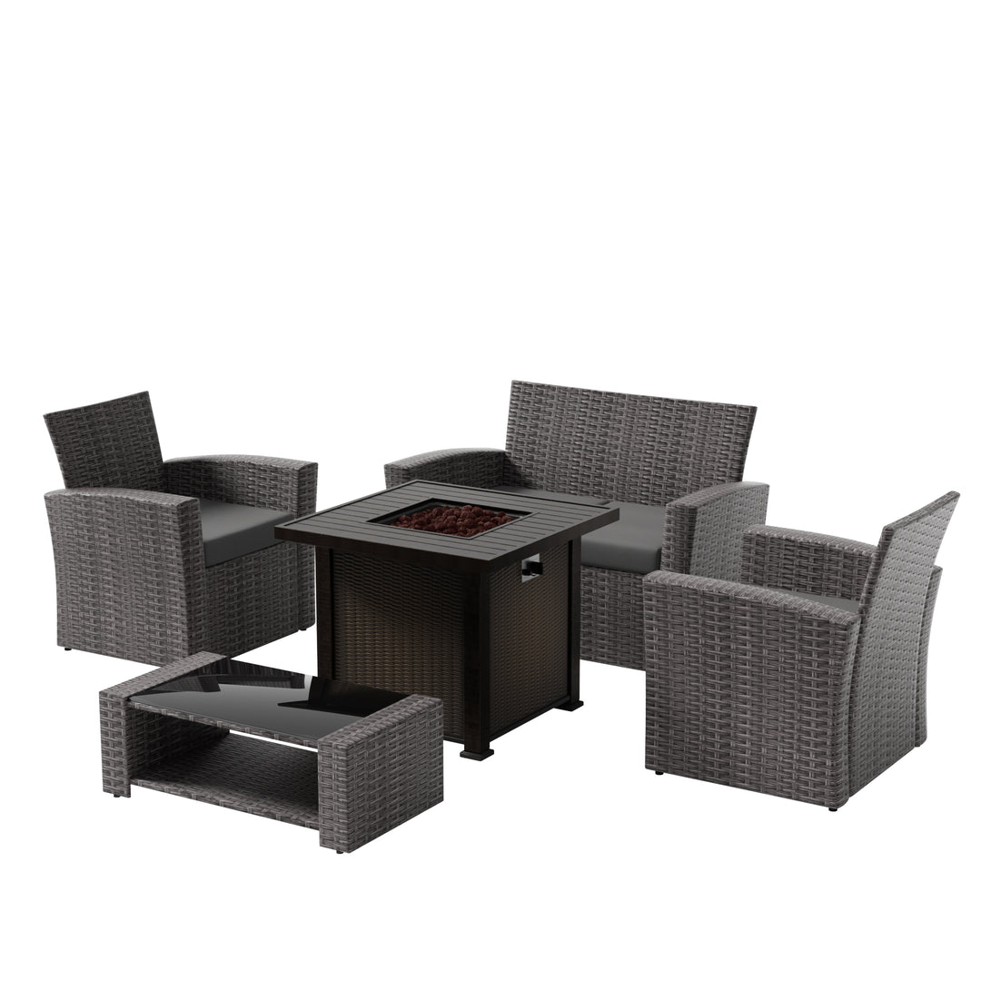 Coastal 4-Piece Gray Outdoor Patio Conversation Sofa Set with Square Fire Pit Table