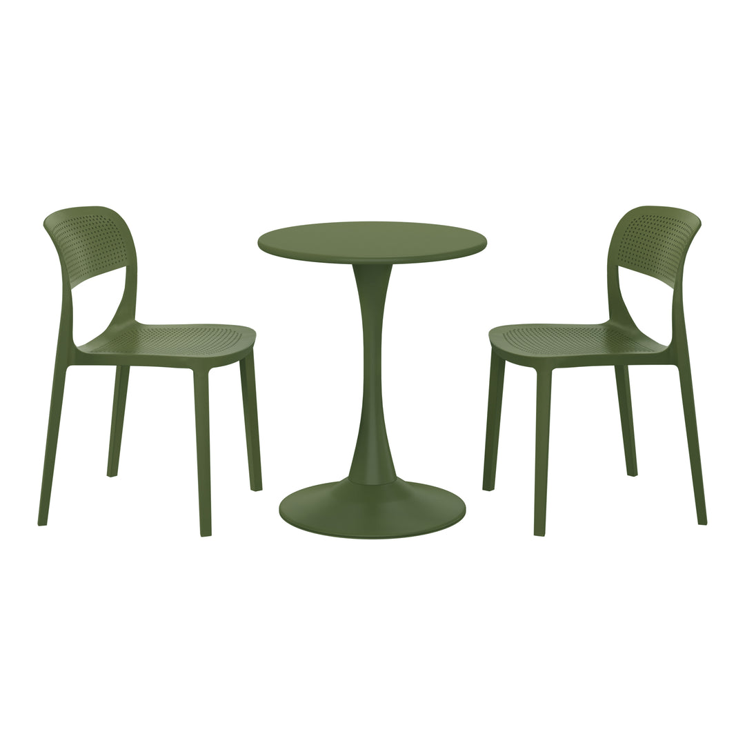 Playa 3-Piece Round Metal Bistro Dining Table Set And Stackable Resin Patio Dining Side Chairs