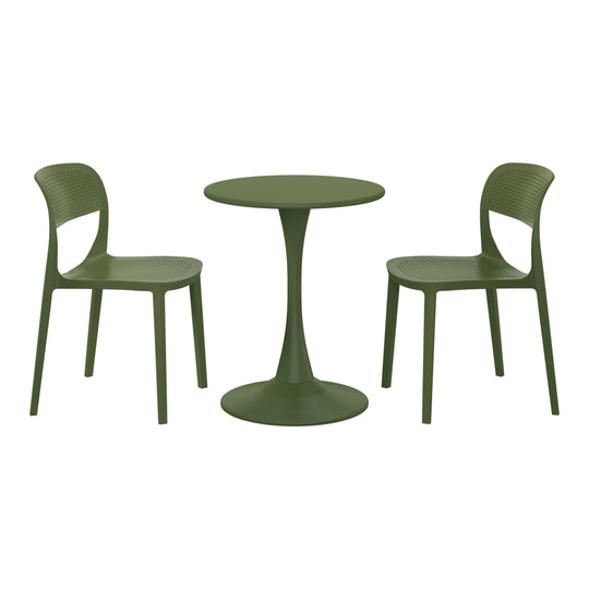 Playa 3-Piece Round Metal Bistro Dining Table Set And Stackable Resin Patio Dining Side Chairs