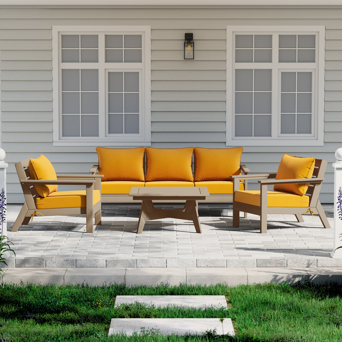 Avalon 6 piece modular sectional sofa set in Weathered Wood with Yellow cushions styled outdoors