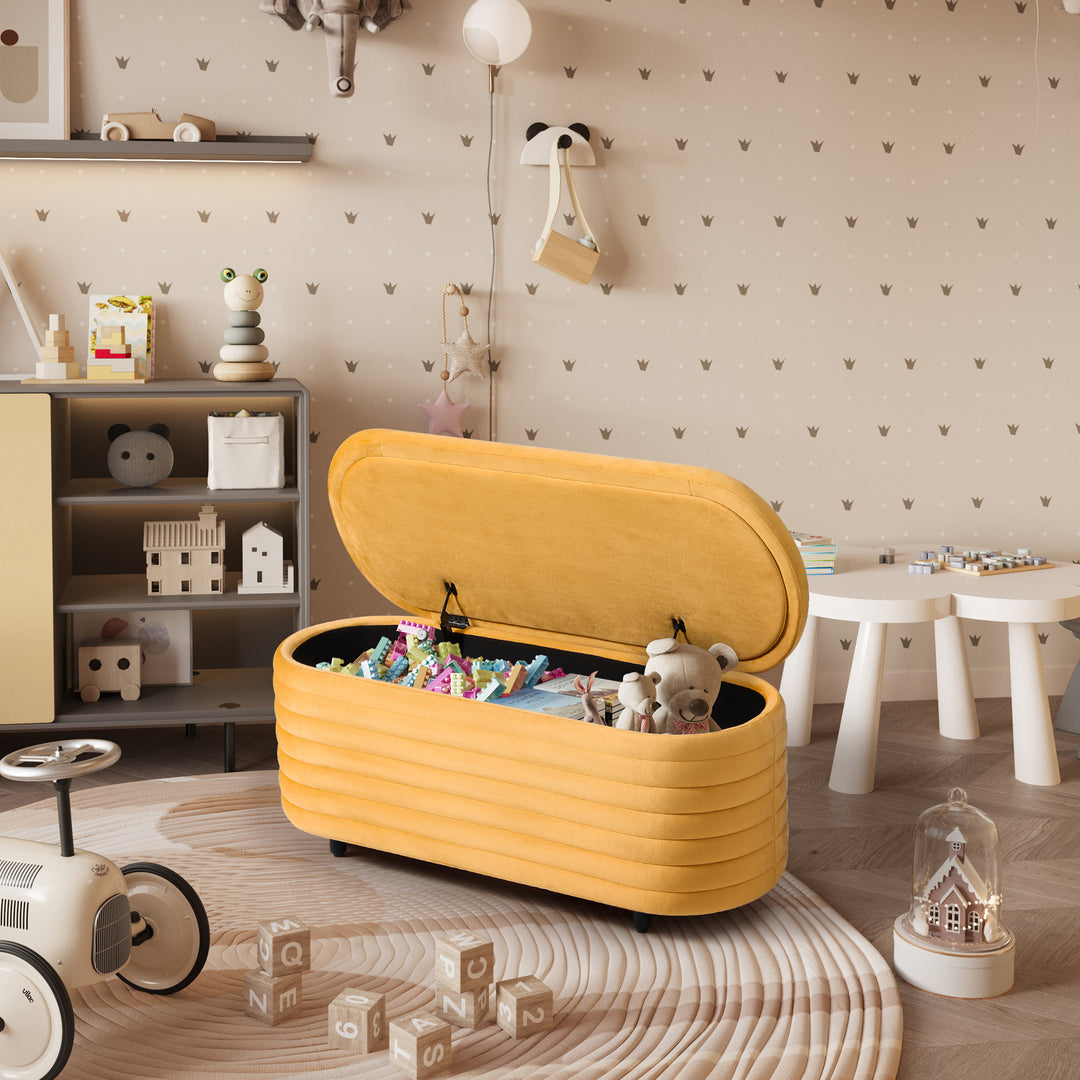 Phoebe 42" Wide Mid-Century Modern Upholstered Velvet Tufted Oval Storage Ottoman Bench