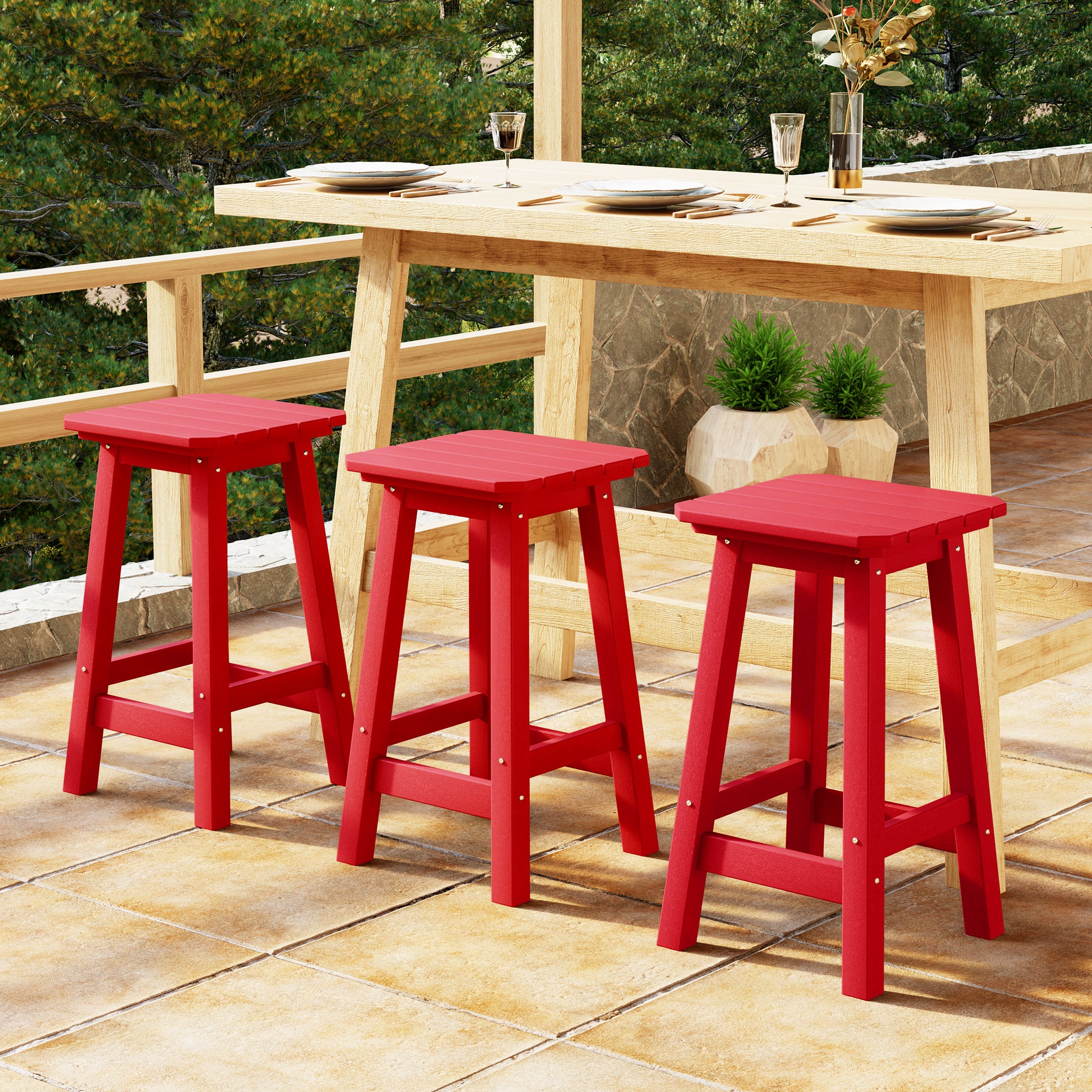 Malibu 24" HDPE Outdoor Patio Counter High Backless Square Bar Stools Set of Three