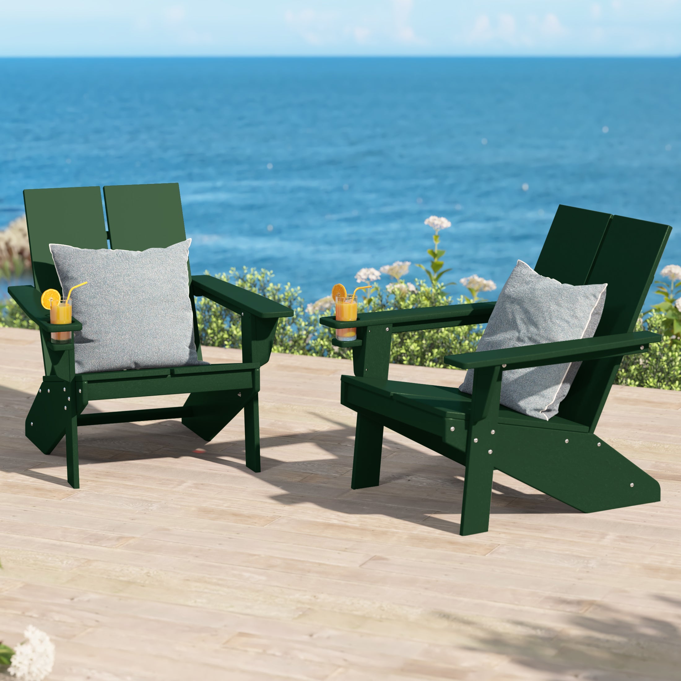 Riviera Outdoor HDPE Modern Adirondack Chair with Cup Holder (Set of 2)