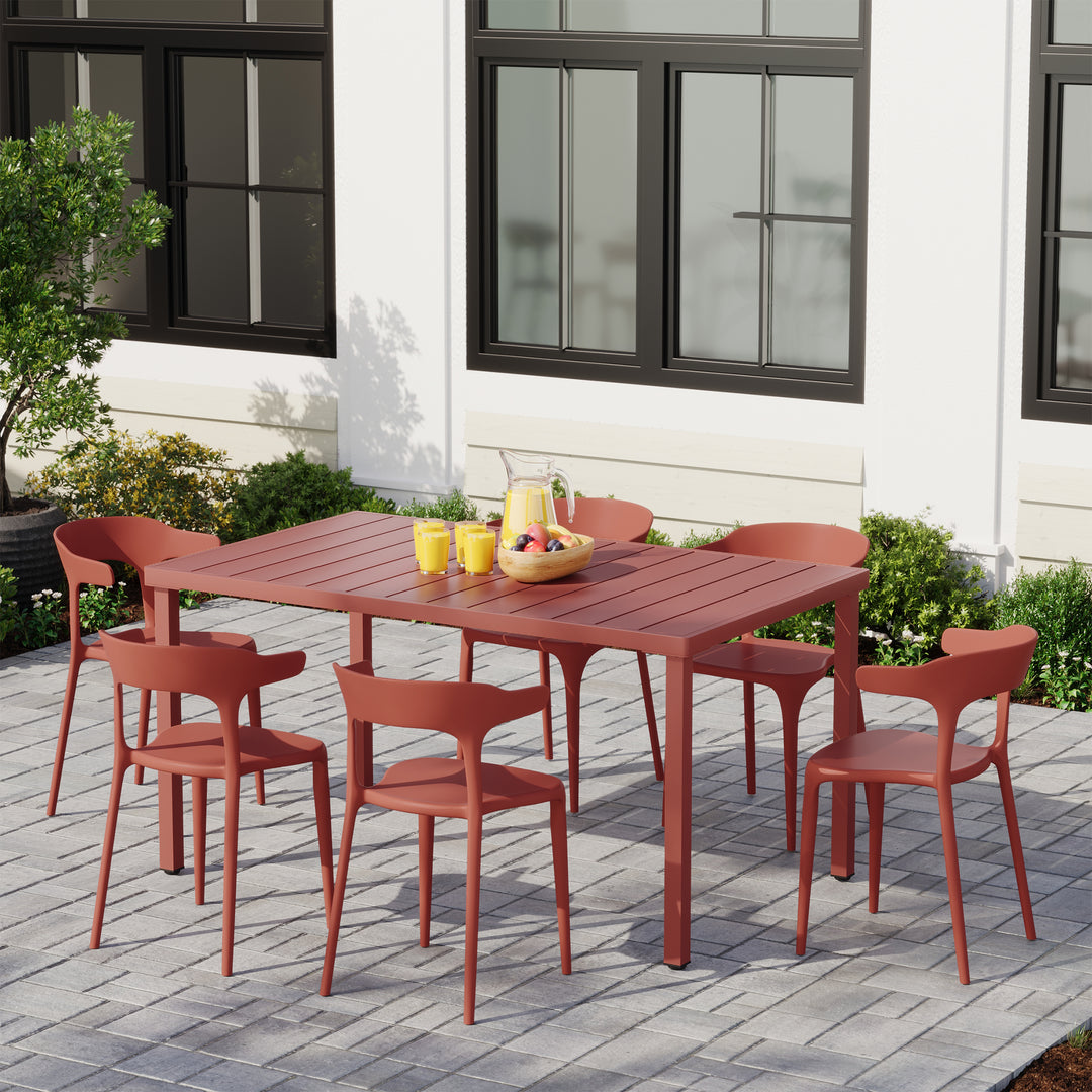 Playa 7-Piece Outdoor Metal Rectangle Patio Dining Table Set With Stackable Plastic Dining Chairs For 6