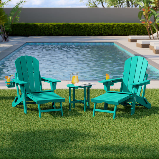 Malibu 3-Piece Outdoor Folding Adjustable Adirondack Chair with Cup Holder & Hideaway Ottoman and 18" Side Table