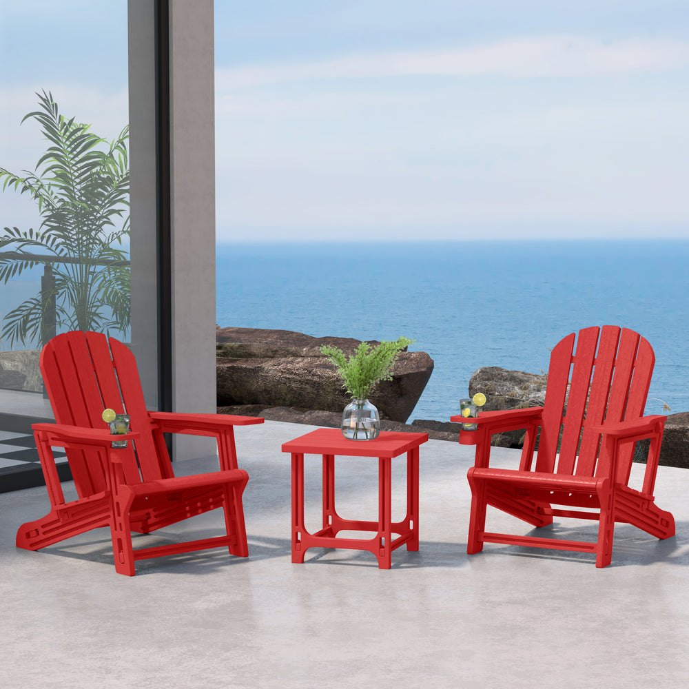 Azura 3-Piece HDPE Plastic Adirondack Patio Chairs With 18" Square Side Table Set