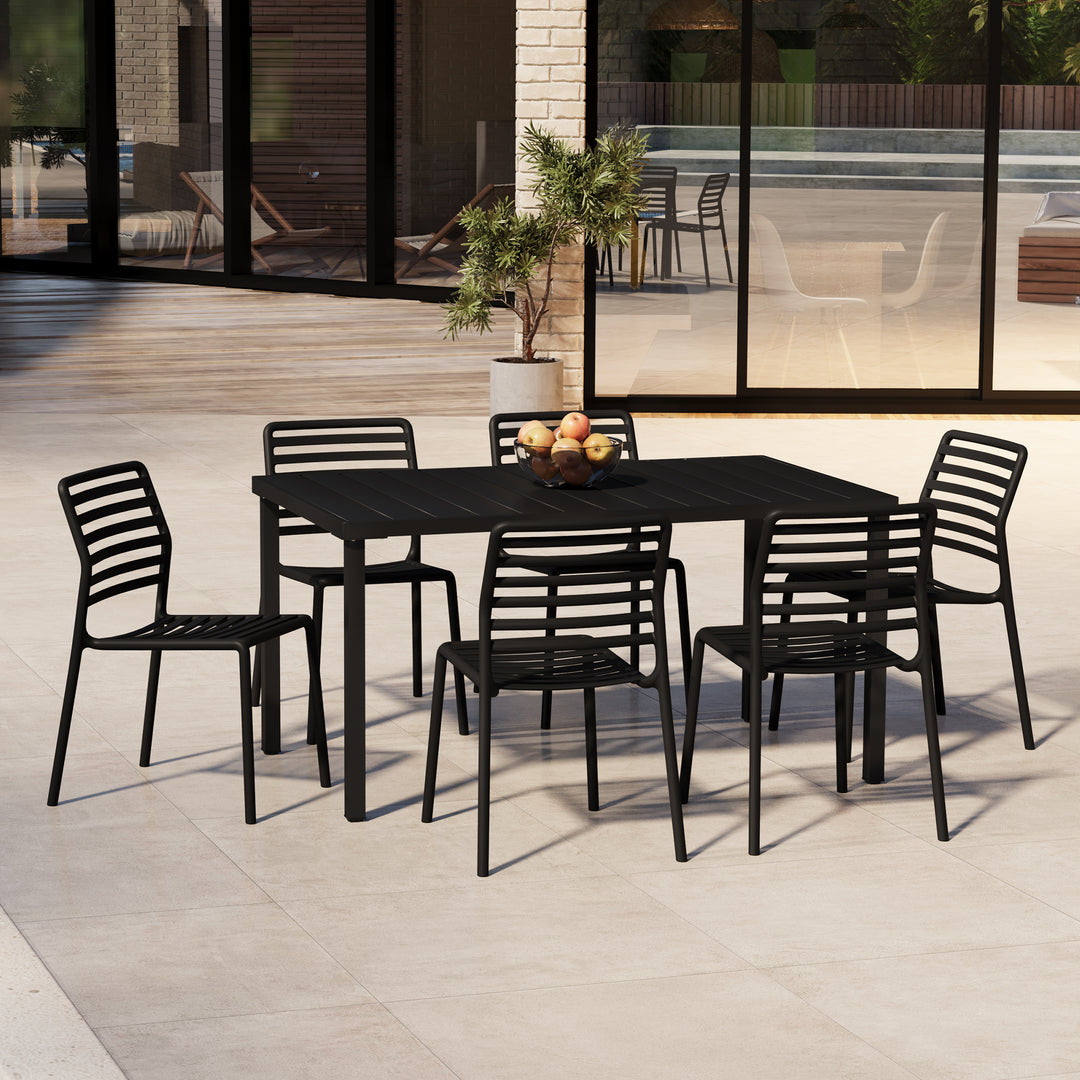 Playa 7-Piece Metal Rectangular Patio Dining Table Set With Stackable Plastic Dining Chairs For 6