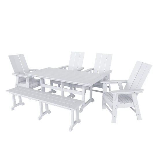 Ashore 6 Piece Outdoor Patio Rectangle Dining Table and Dining Bench Modern Armchair Set