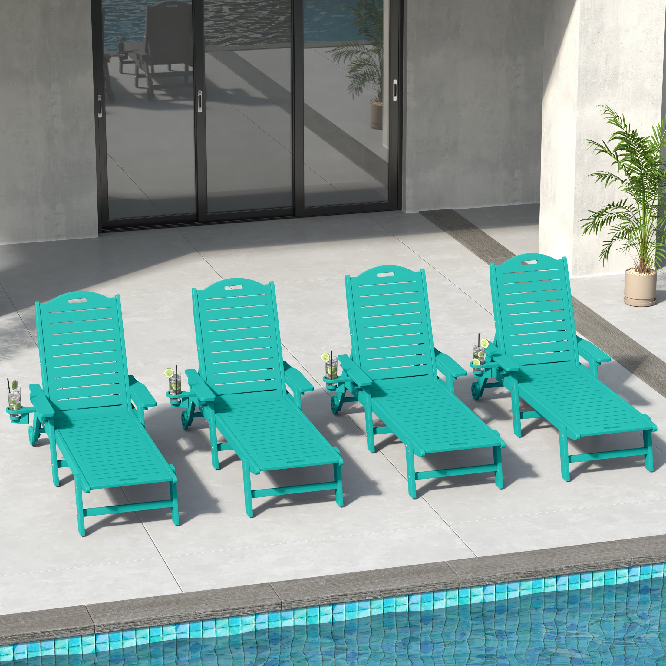 Aruba Outdoor HDPE Patio Chaise Lounges With Wheels & Cup Holder (Set of 4)