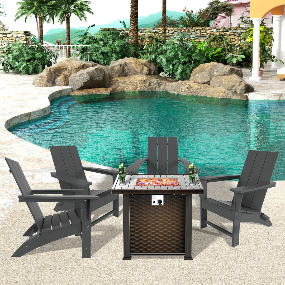 Ashore Modern Folding Poly Adirondack Chair With Square Fire Pit Table Set