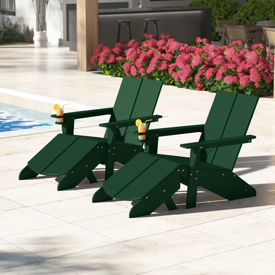 Riviera Outdoor 4-Piece HDPE Modern Adirondack Chairs Set with Folding Patio Ottomans and Cup Holder