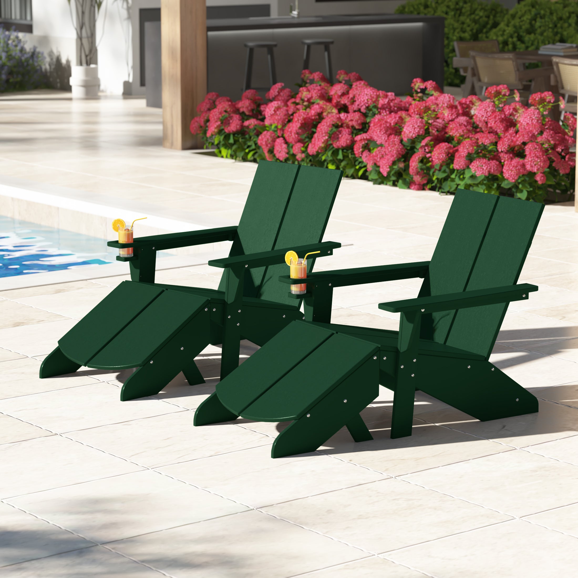 Riviera Outdoor 4-Piece HDPE Modern Adirondack Chairs Set with Folding Patio Ottomans and Cup Holder