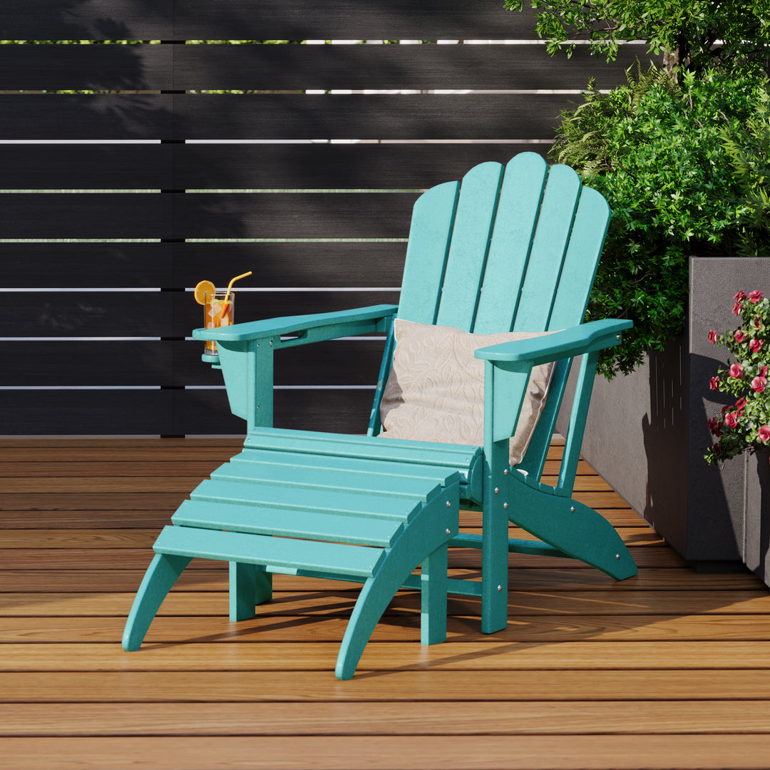 Highland 2-Piece Outdoor Patio HDPE Adirondack Chair With Ottoman and Cup Holder Set