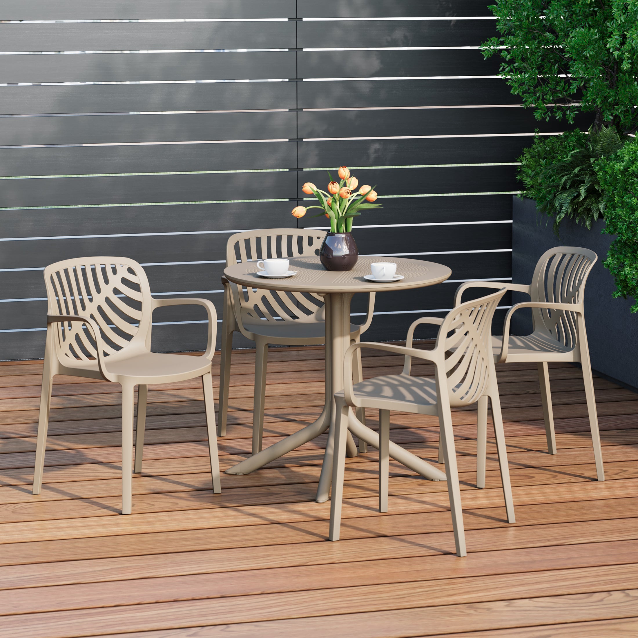 Playa 5-Piece Outdoor Resin Round Patio Dining Table Set with Modern Stackable Patio Dining Chairs
