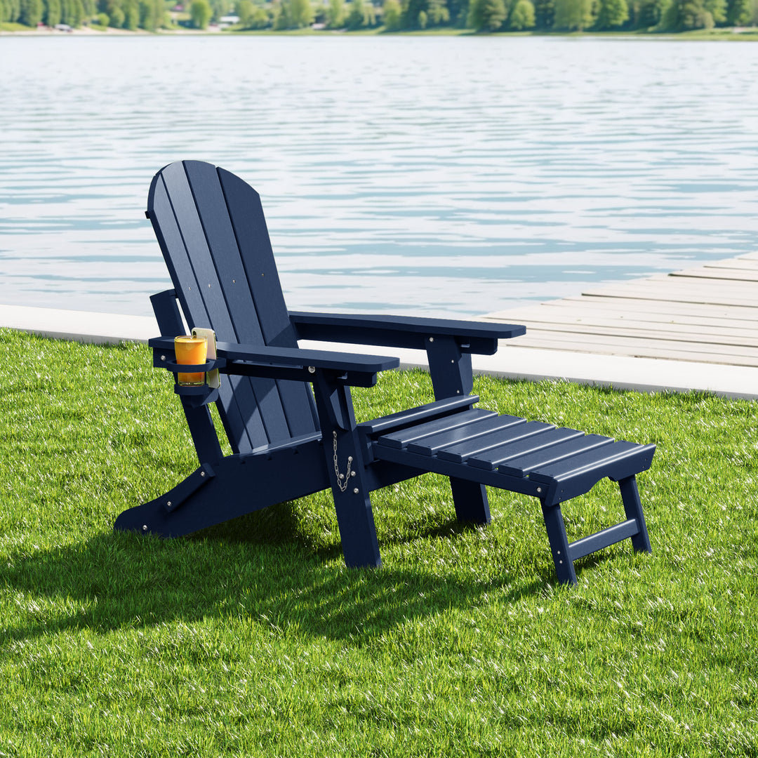 Malibu Folding Adjustable Adirondack Chair with Retractable Ottoman and Cup Holder