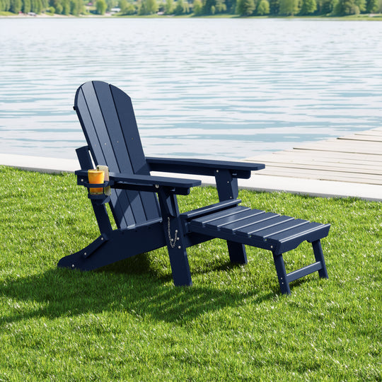 Malibu Folding Adjustable Adirondack Chair with Retractable Ottoman and Cup Holder