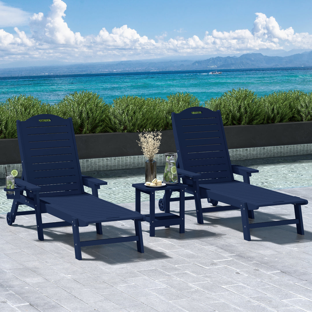 Aruba 3-Piece Outdoor Patio Chaise Lounge Chair with Wheels & Cup Holder with Patio Side Table