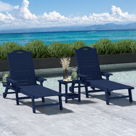 Aruba 3-Piece Outdoor Patio Chaise Lounge Chair with Wheels & Cup Holder with Patio Side Table