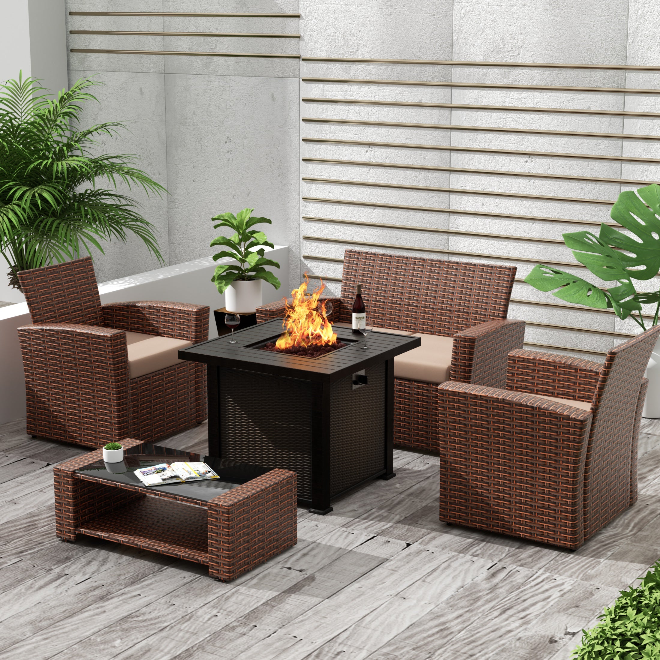 Coastal 4-Piece Conversation Outdoor Patio Sofa Set with Square Fire Pit Table, Brown