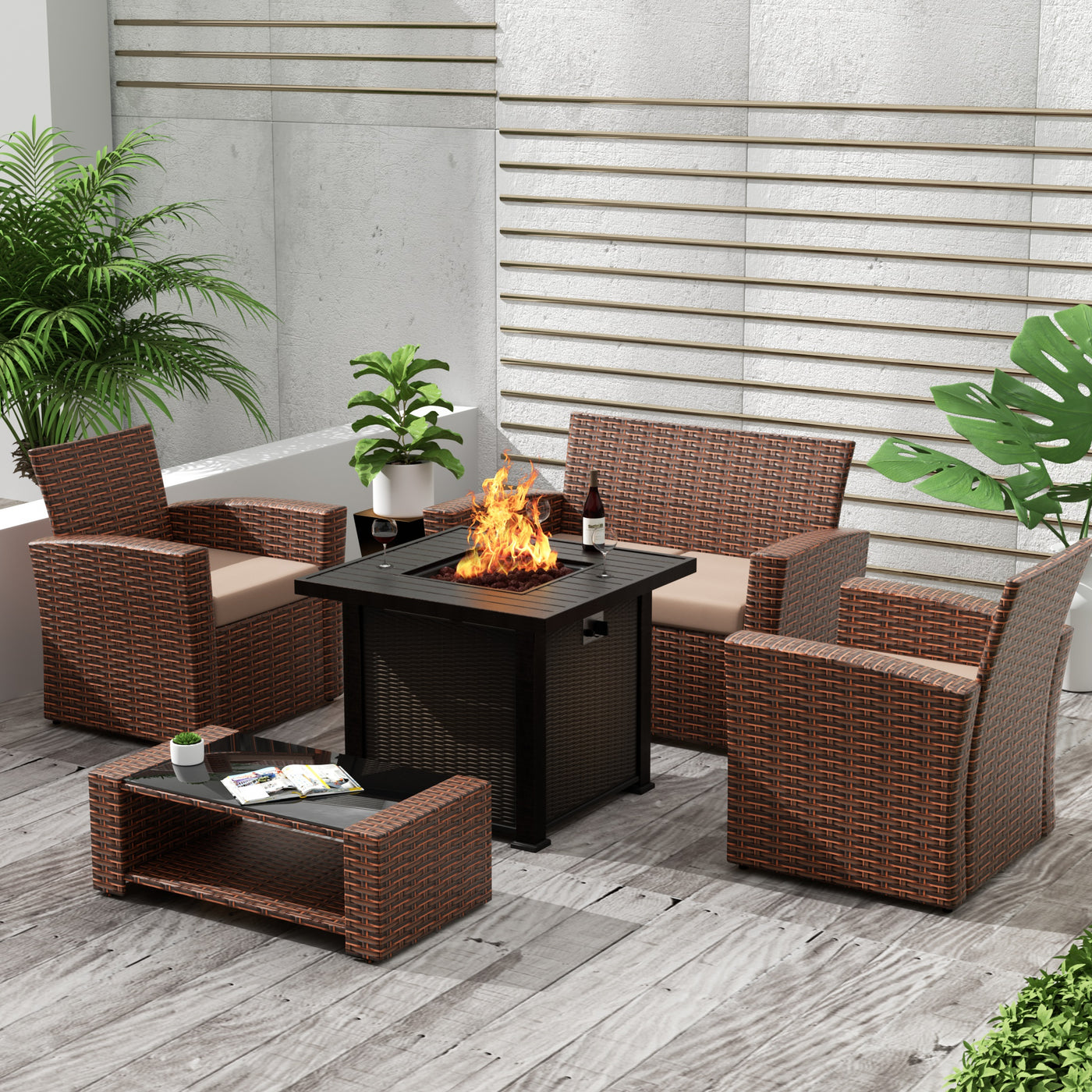 Coastal 4-Piece Brown Outdoor Patio Conversation Sofa Set with Square Fire Pit Table