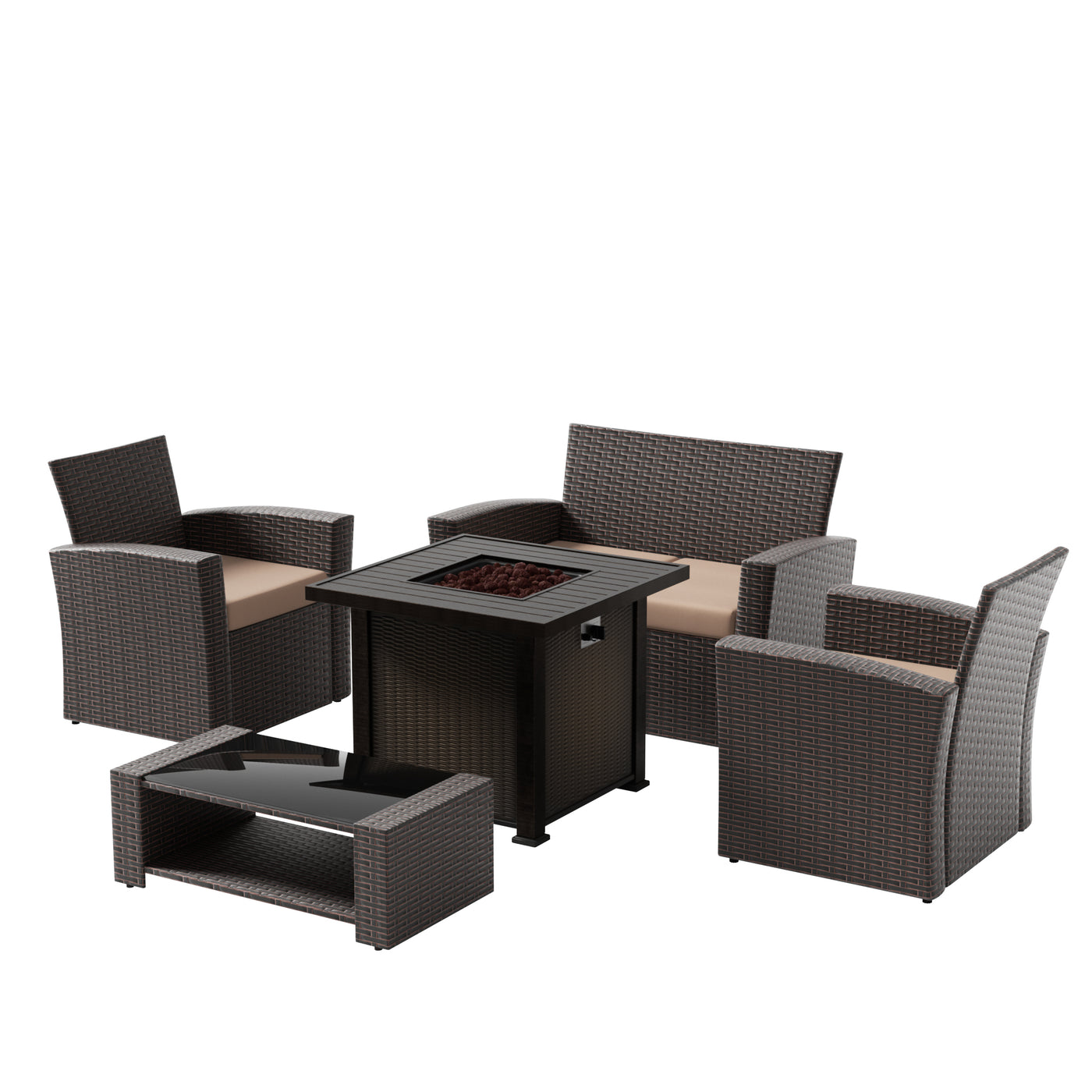 Coastal 4-Piece Chocolate Outdoor Patio Conversation Sofa Set with Square Fire Pit Table