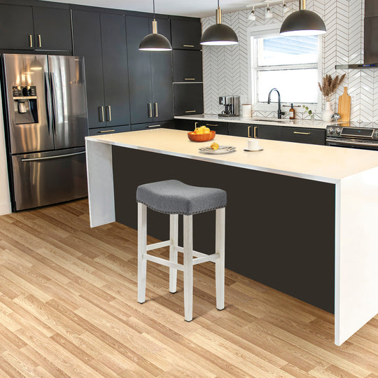 Lenox 29" upholstered nail head bar counter stools with Antique White color legs