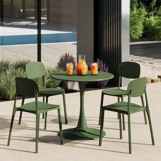 Playa 5-Piece Indoor Outdoor Metal Round Patio Dining Table Set With Stackable Resin Patio Side Chairs