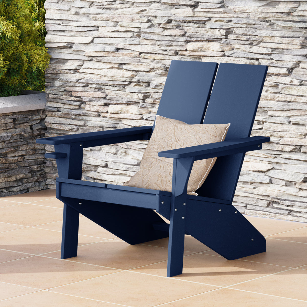 Riviera modern Adirondack chair with cup holder in Navy Blue styled outdoors