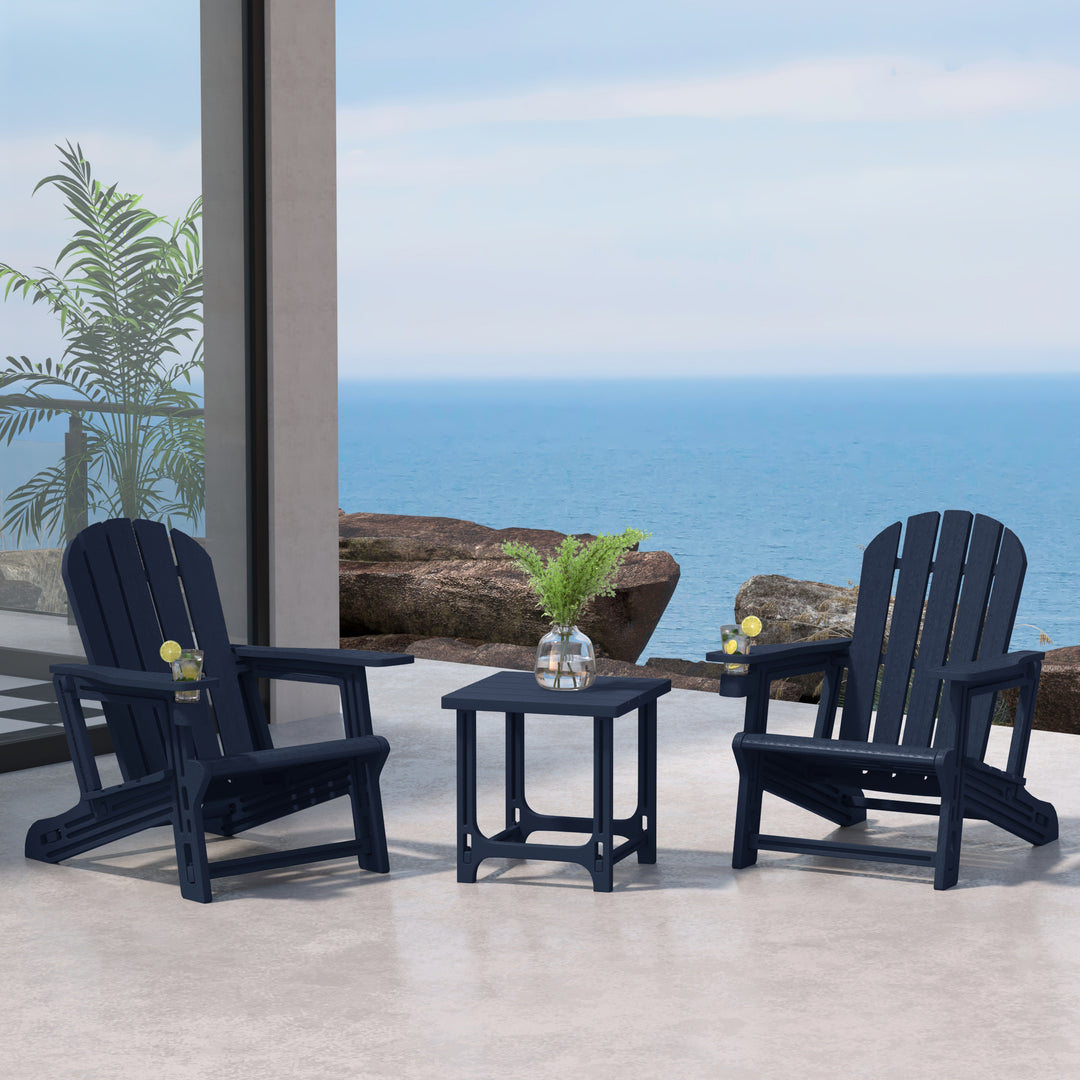Azura 3-Piece HDPE Plastic Adirondack Patio Chairs With 18" Square Side Table Set