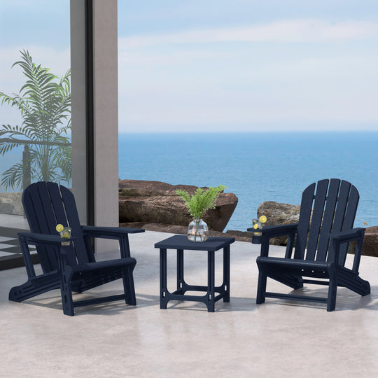 Azura 3-Piece HDPE Plastic Adirondack Patio Chairs With 18" Square Side Table Set