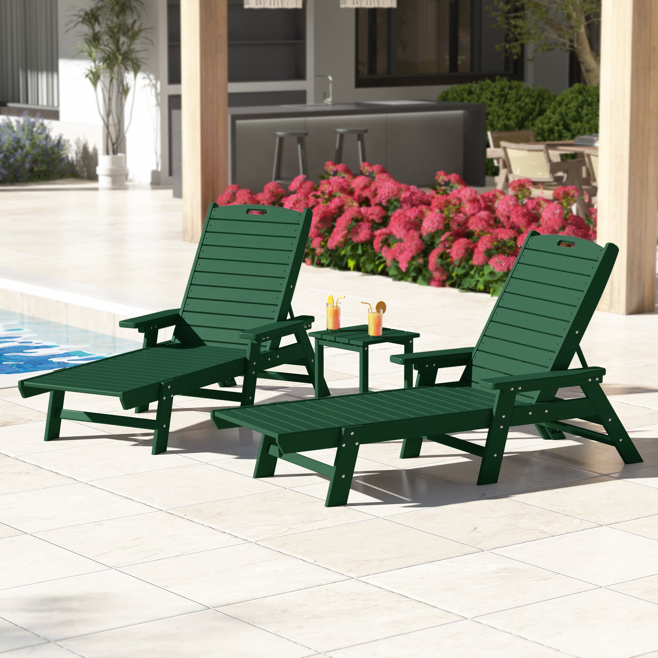 Malibu Poly Reclining Chaise Lounge Set With Table
