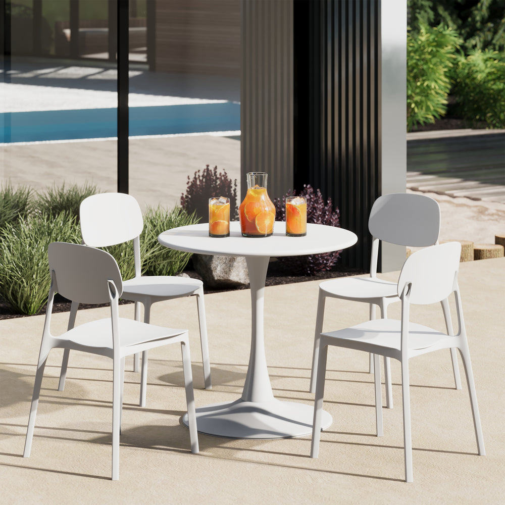 Playa 5-Piece Indoor Outdoor Metal Round Patio Dining Table Set With Stackable Resin Patio Side Chairs