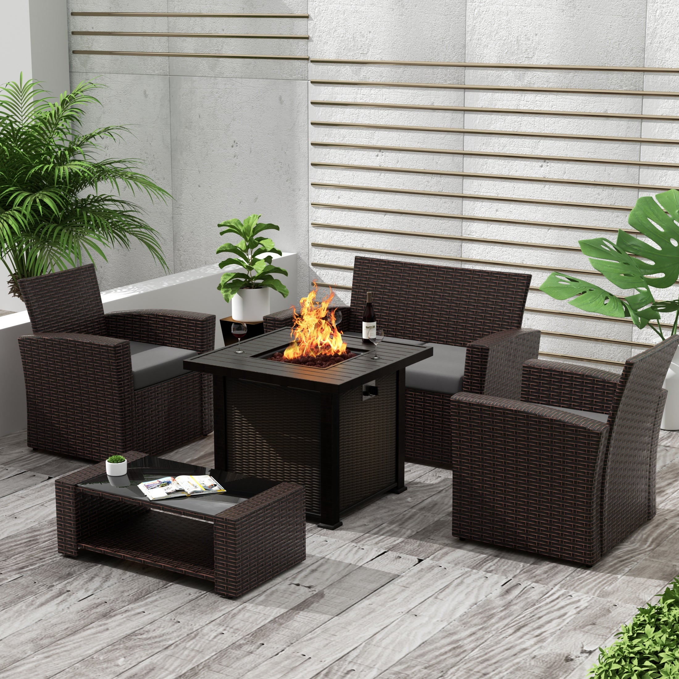 Coastal 4-Piece Conversation Outdoor Patio Sofa Set with Square Fire Pit Table, Chocolate