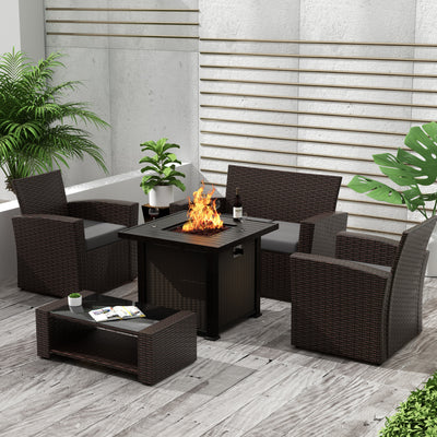 Coastal 4-Piece Chocolate Outdoor Patio Conversation Sofa Set with Square Fire Pit Table