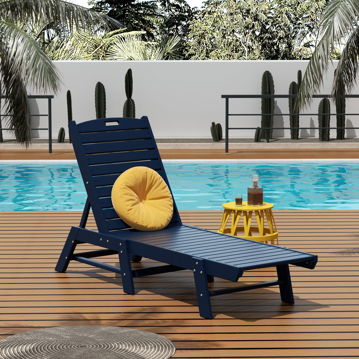 Malibu adjustable reclining chaise lounge in Navy Blue styled outdoors