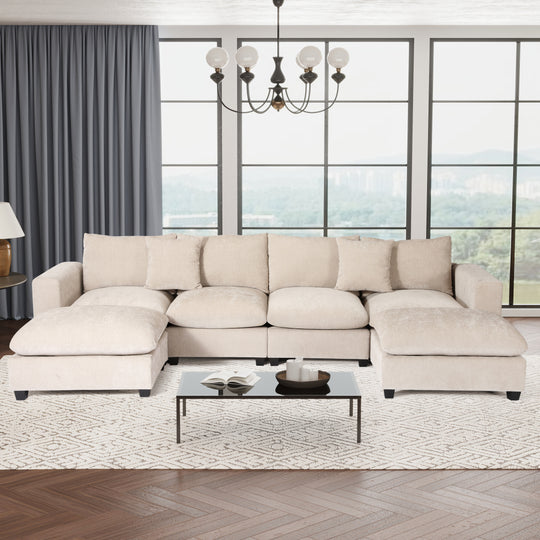 Augusta 128" Chenille Modular U-Shaped Sectional Couch and Chaise With USB/Type-C Ports and Side Pockets