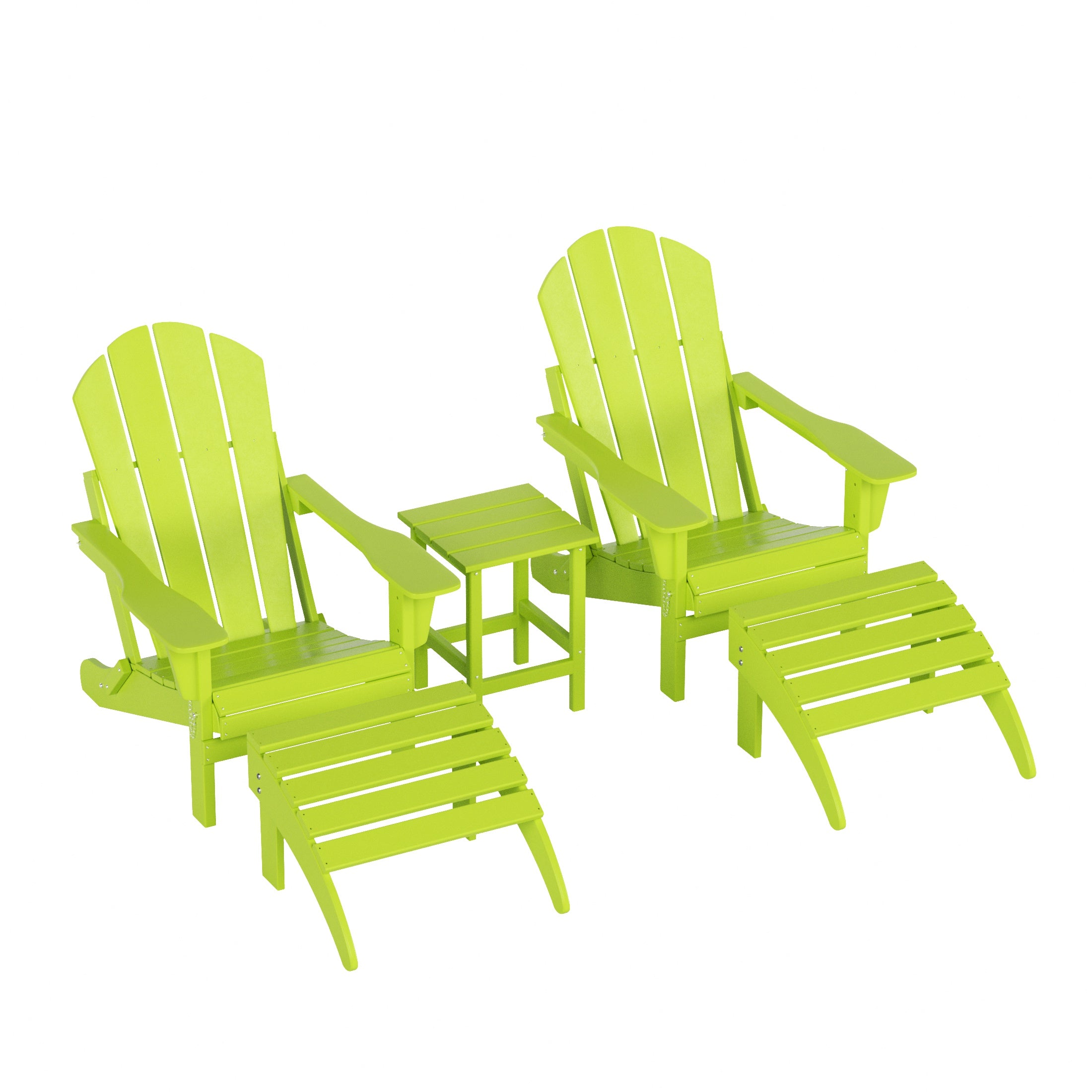 Malibu 5-Piece set classic Adirondack chairs with ottoman and a small coffee table (2 seater)